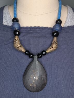 Artisan Carved Dark Wood Teardrop Pendant African Glass Bead Tribal Statement